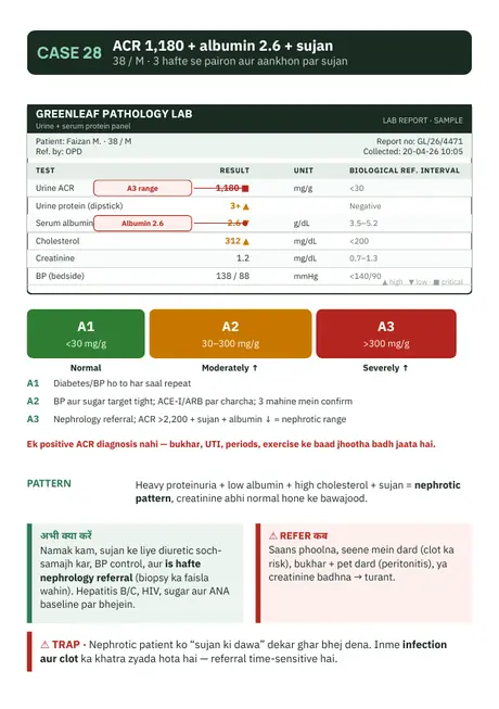 Case 28 · ACR 1,180 + albumin — sample page from Lab Report Decoded Vol 2