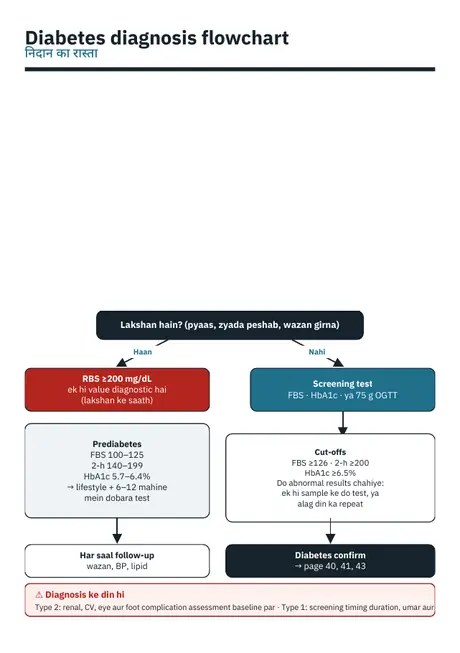 Diabetes diagnosis flowchart — sample page from Lab Report Decoded Vol 1