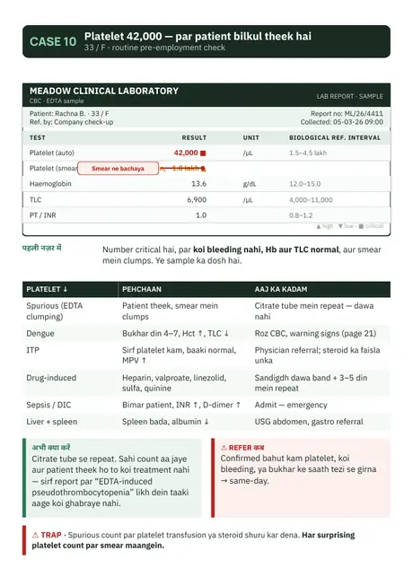 Case 10 · Platelet 42,000 — sample page from Lab Report Decoded Vol 2